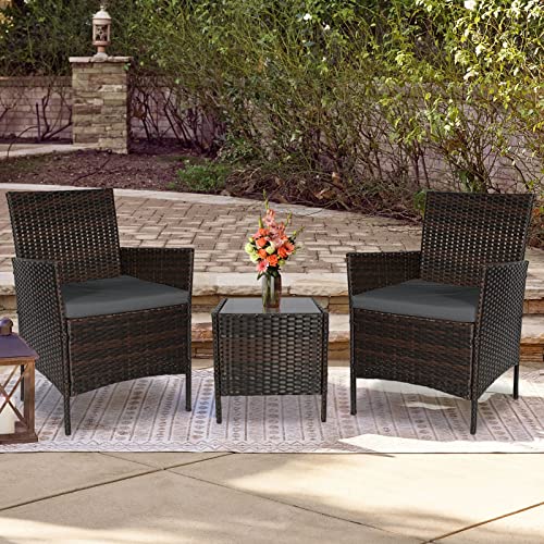3 Piece Patio Furniture Set Outdoor Balcony Conversation Durable Waterproof PE Rattan Chair with Tempered Glass Table Top Comfort Cushion Wicker for Garden Pool Porch (Brown&Beige) (XJY0005)