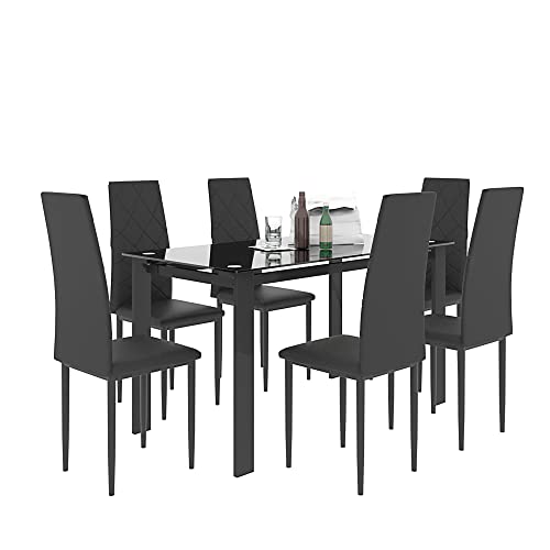 5pcs Dining Table Set with Black Glass Top Rectangular Table and 4 Upholstered Chairs, Modern Style Coffee Tea Table Set and Breakfast Nook Set