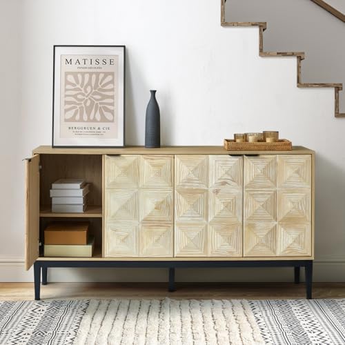 HULALA HOME Wood Storage Modern Sideboard Buffet Cabinet with Black Metal Legs, Sideboard with Adjustable Shelves and 4 Wood Doors, TV Stand, Free Standing Sideboard(Black)