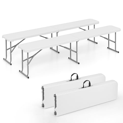Giantex 6 Feet Plastic Folding Bench, Portable Picnic Seat for BBQ Party Camping Dining, HDPE Top, Metal Frame, Indoor Outdoor Fold-in-Half Bench for Garden Entertainment Activities Sport Events