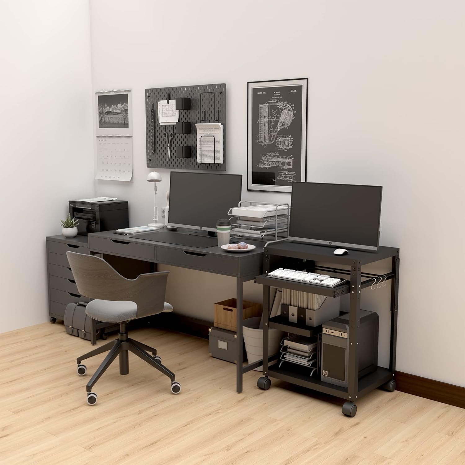 AV Cart with Wheels, Metal Rolling Media Cart & Stands with Keyboard Tray and Storage for Projector, Adjustable Height Presentation Cart Table for School Classroom and Office, Line Leader AV Carts