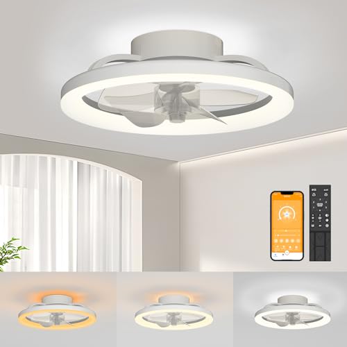 White Ceiling Fans with Lights: 16 inch Bladeless Modern Ceiling Fans with Lights and Remote Low Profile Ceiling Fan with Light Flush Mount Ceiling Fan with Lights Ceiling Fan for Bedroom