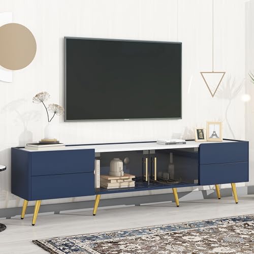 LUMISOL Modern TV Stand with LED Lights for 80'' TV, 70'' Faux Marble Entertainment Center with 4 Drawers and Glass Doors, Wood TV Console Media Cabinet with Gold Legs for Living Room Bedroom (Black)