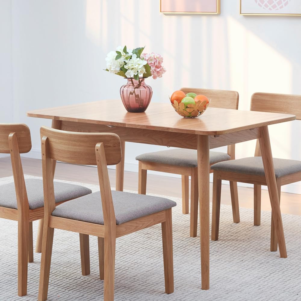 Solid Oak Round Corner Diagonal Leg Telescopic Table 1.2-1.6M, for 6-8 People to Meet Dining Table Wood (Light Color) W128367492