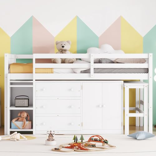 Twin Size Low Loft Bed with Pull-Out Desk,Cabinet,3 Drawers and 2 Shelves,Multifunctional Pine Wood Bed Frame W/Full-Length Guardrail,Integrated Ladder,for Kids,Boys,Girls,White