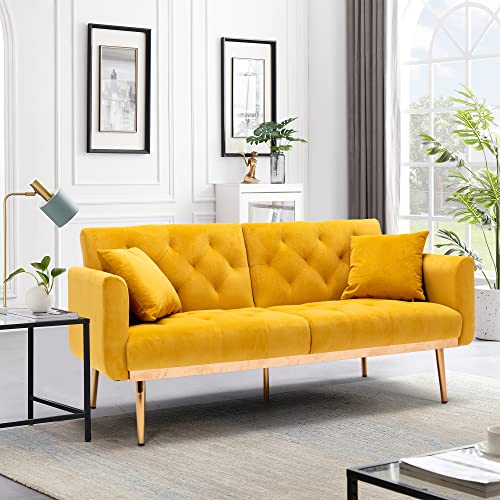 Velvet Sofa with 2 Throw Pillows,Chesterfield Sofa Bed Living Room Couch with 5 Gold Metal Legs,W64
