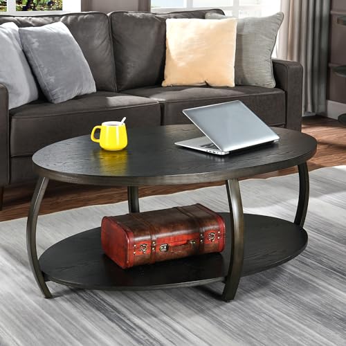 MODERION Oval Coffee Table with Storage Shelf, Industrial Center Tea Table with Metal Legs, 2-tier Farmhouse Side Sofa Table, Accent Furniture, Easy Assembly for Living Room, Black KFZ2439DK