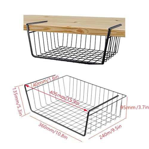 2 Piece Under Shelf Hanging Storage Basket,Under Cabinet Additional Storage Rack,Slide-in Basket Organizer,Home Metal Storage Basket for Kitchen Refrigerator Food Cabinet Desk Bookshelf (Black)