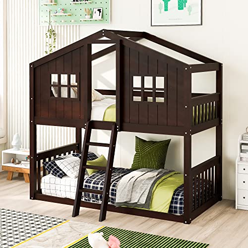 Harper & Bright Designs House Bunk Bed Twin Over Twin Kids Bunk Bed Wood Frame for Girls Boys, Roof Design (Twin Size, Gray)