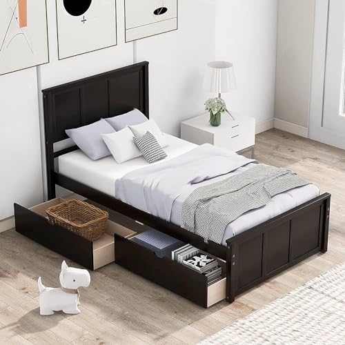 Twin Platform Bed with Drawers/Wooden Storage Bed with Headboard/Wood Slat Support/No Box Spring Needed/Easy Assembly, Gray