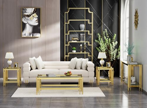 Glass Coffee Table Set of 2 for Living Room, Modern Design Living Room Tables Set, Rectangle Coffee Table and Console Table Sets, Stainless Steel Legs (Clear Gold, Coffee Table,Console Table)