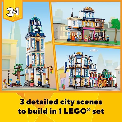 LEGO Creator Main Street 31141 Building Toy Set, 3 in 1 Features a Toy City Art Deco Building, Market Street Hotel, Café Music Store and 6 Minifigures, Endless Play Possibilities for Boys and Girls