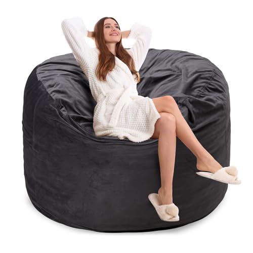 3FT Bean Bag Chairs for Adults with Filling,Big BeanBag Chair with Pocket&Handle,Memory Foam Bean Bags with Velvet Cover for Living Room Bedroom (Black)