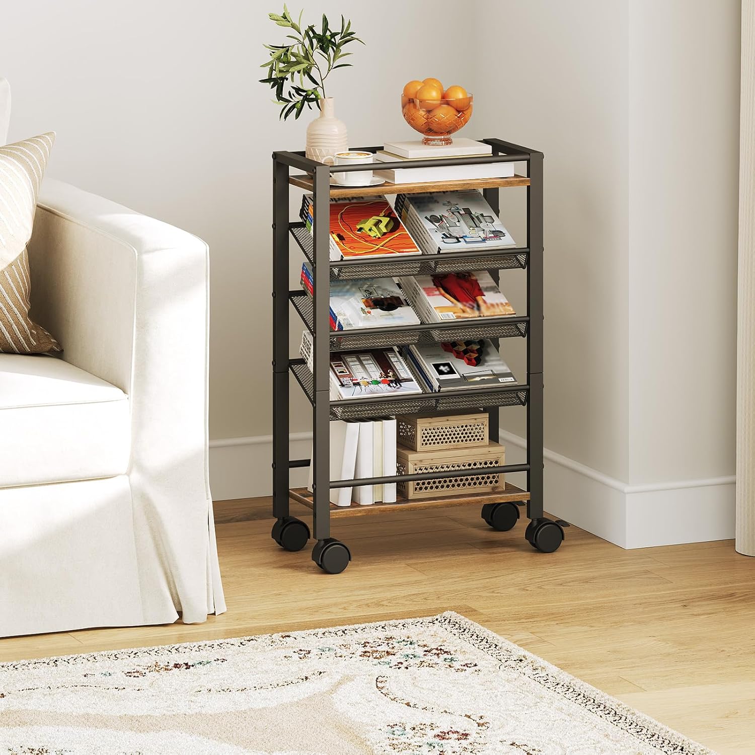 5 Tier Bookshelf, Metal Small Industrial Bookcase, Mobile Book Shelf Paper Cart with Wheels, Book Case Display Storage Shelf Organizer for Living Room, Home Office, Rustic Brown SJ01BR