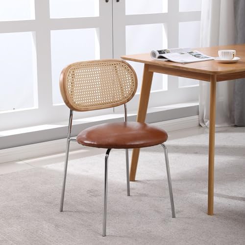 Danxee PU& Rattan Dining Chairs, Industrial Dining Chair with Silver Metal Legs, Leisure Upholstered Dining Chairs, Accent Desk Chair for Dining Room, Kitchen, Vanity, Living Room(Brown Set of 2)