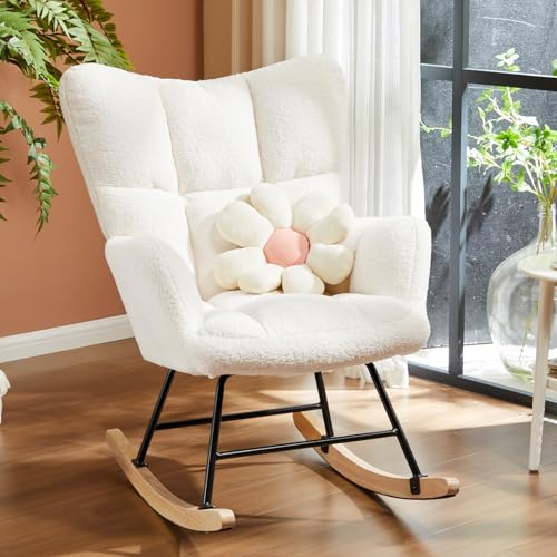 Nursery Rocking Chair - Teddy Upholstered Glider Rocker Rocking Accent Chair Padded Seat with High Backrest Armchair Comfy Side Chair for Living Room Bedroom Offices (Green)