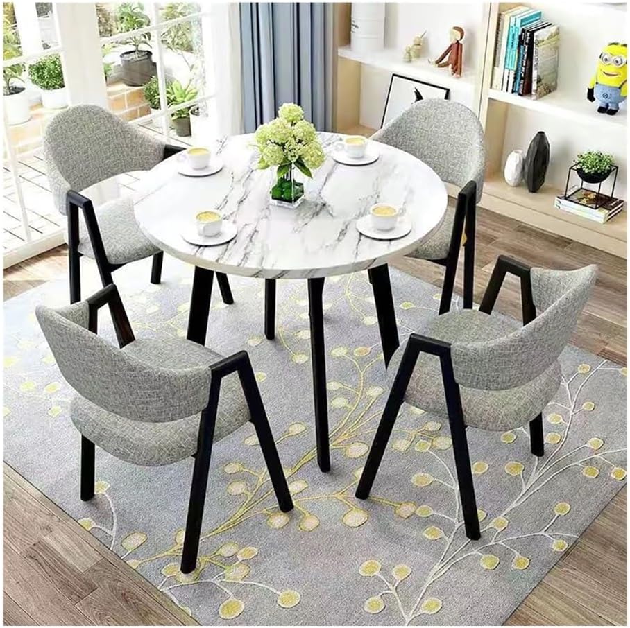 Round Dining Table Set for 4, Modern Kitchen Table and Chairs Set Round Faux Marble Dining Table Set Reception Table Set Upholstered Chair(White,Gray 3)