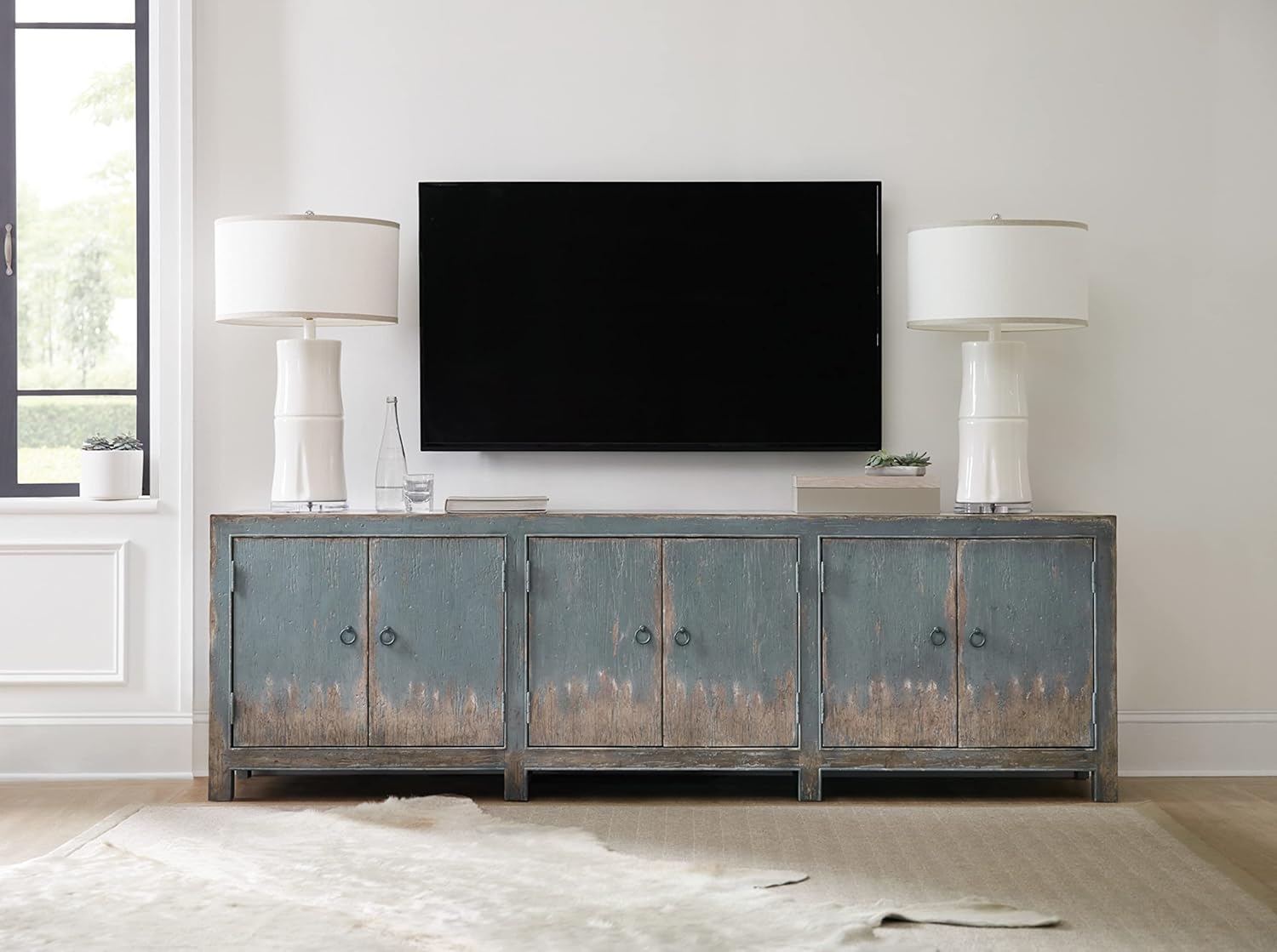 Hooker Furniture Boheme Salvator Wood Media Console in Distressed Blue