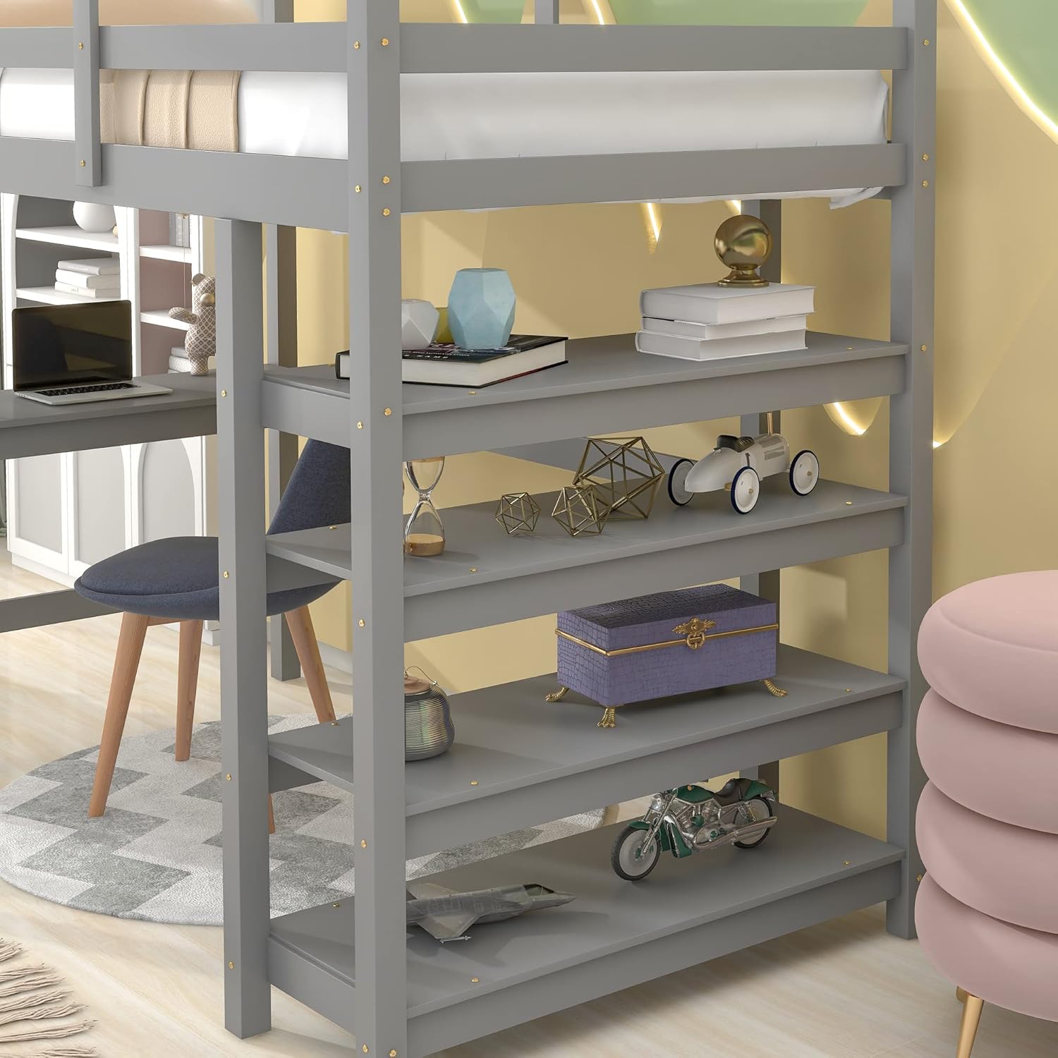 Loft Bed Twin with desk,ladder,shelves, Grey
