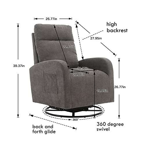 Swivel Rocking Chair，Nursery Swivel Glide Armchair Linden Fabric Upholstered Modern Rocking Chairs with High Backrest for Nursery, Bedroom, Living Room（Dark Gray