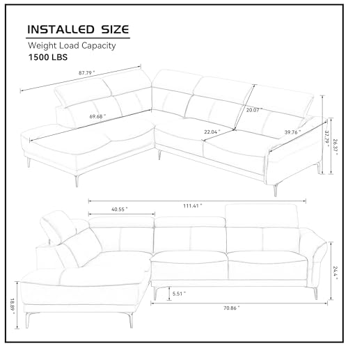 Sectional Cloud 5 seat Couches L-Shaped for Living Room,Large Modern Design Genuine Leather Deep Luxury Adjustable Headrests 2 PC Couch Sofa Furniture Set Minimalist Modular Sleeper Sofa,Brown
