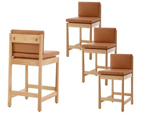 EALSON Counter Height Bar Stools Set of 2 Farmhouse Barstoos with Back Mid Century Modern Counter Stools with Natural Wood Legs Upholstered Linen Bar Charis for Kitchen Island/Pub, Beige