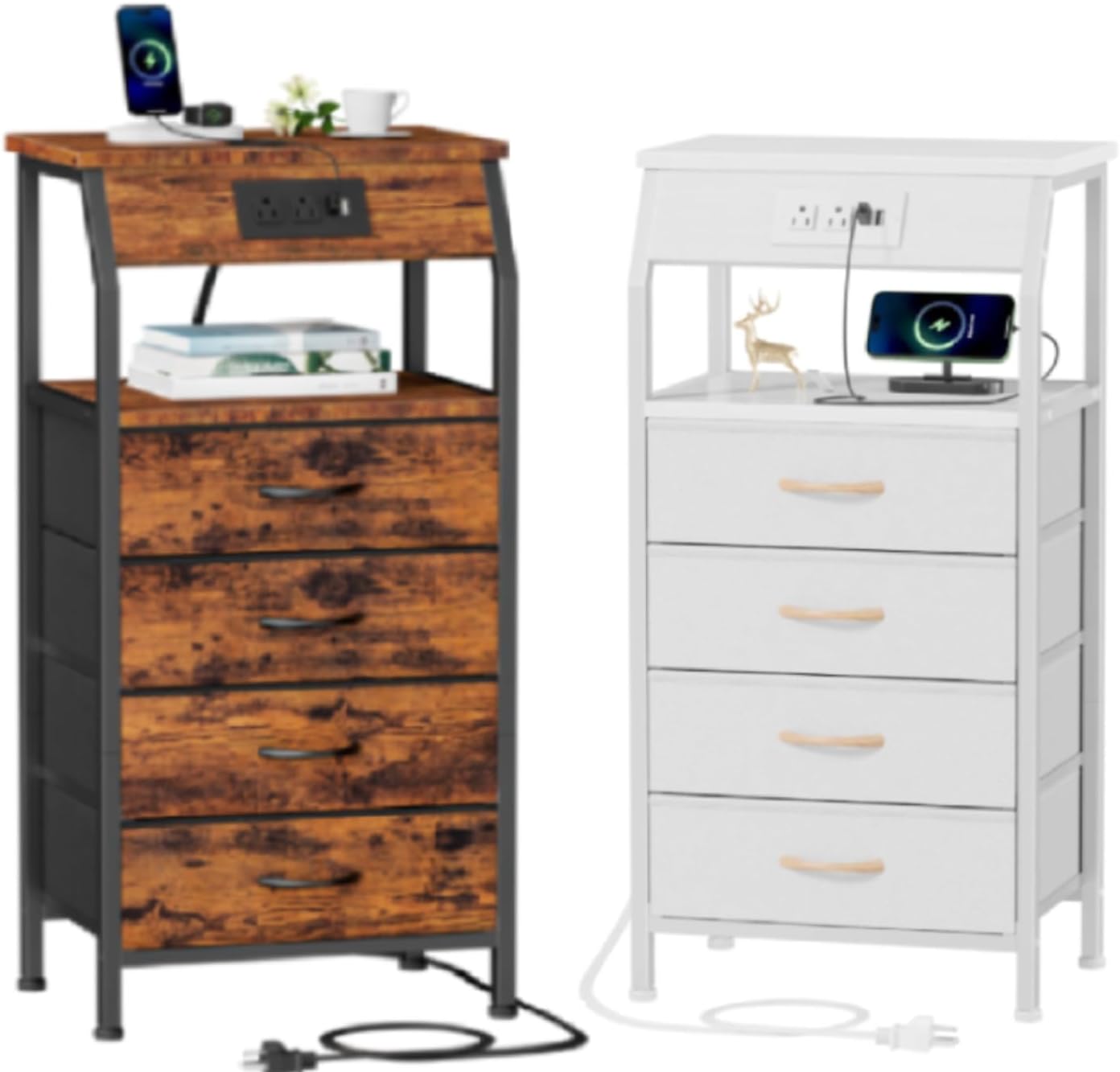 Furnulem Nightstands Set of 2, Rustic Brown Nightstand + White Night Stand with Charging Station