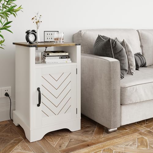Farmhouse Nightstand with Charging Station, Tall Bedside Table with Large Storage Room and Shelf, Wooden Rustic End Table for Bedroom, Living Room (White and Rustic Oak)