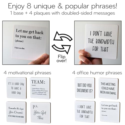 8-in-1 Office Decor Plaques with Wooden Base - Motivational & Funny Office Phrases for Home Office Desk, Shelf or Cubicle - Funny Office Gifts for Co-workers - Womens Office Decor, Motivational Decor