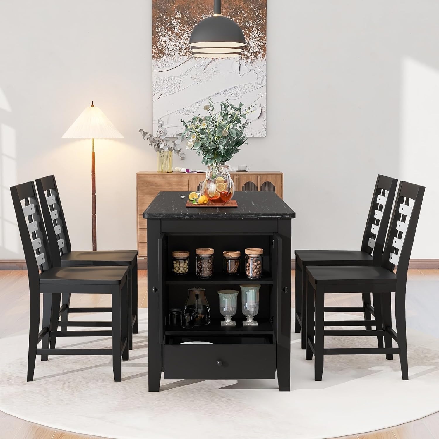 Counter Height 5-Piece Dining Table Set with Marble Tabletop Solid Wood Storage Cabinet and Drawer Black Finish
