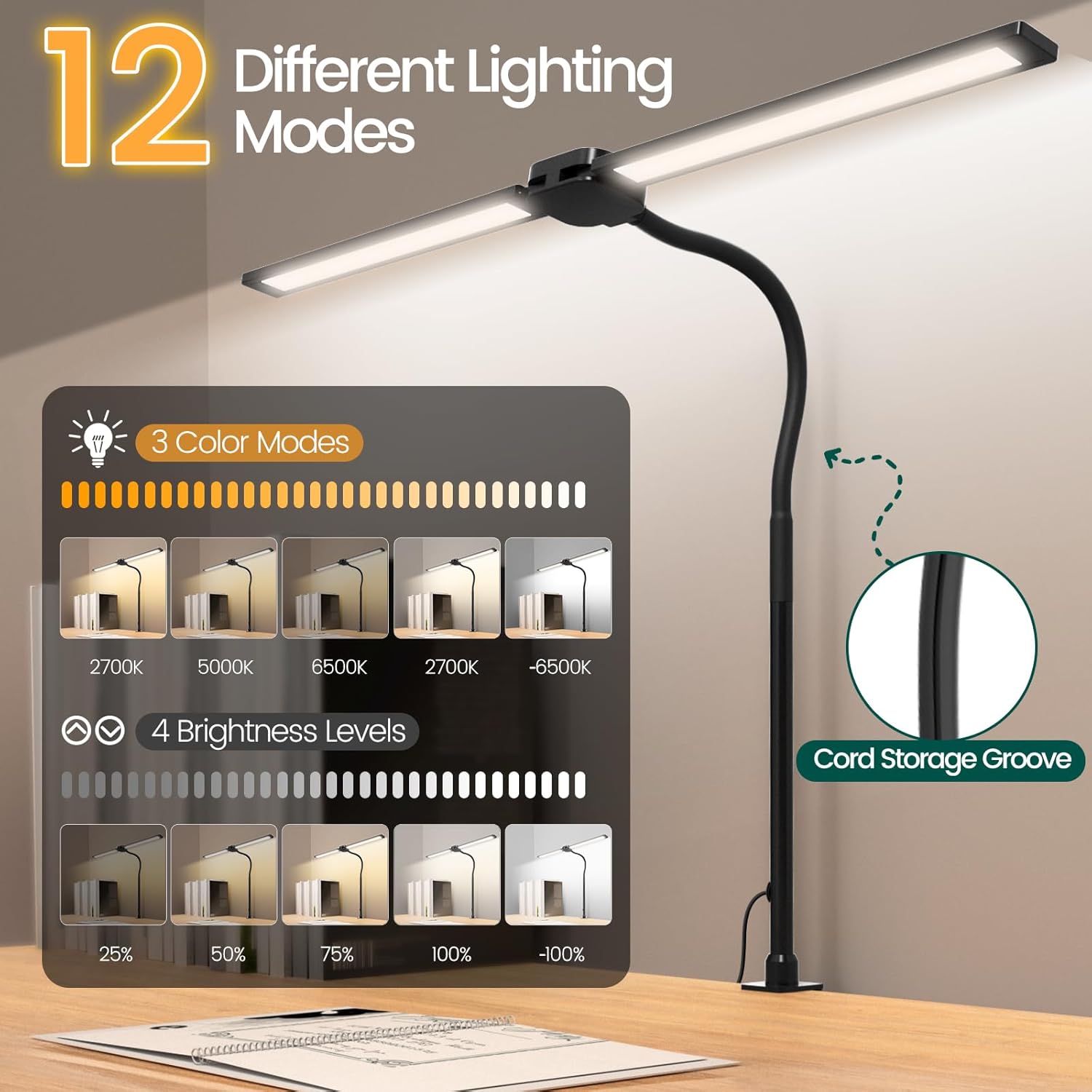 LED Desk Lamp with Wireless Remote, Dual Screen Computer Monitor Desk Lamps for Home Office, Eye Protection Modern Table Light Adjustable Flexible Gooseneck, for Architect Studio Working Reading