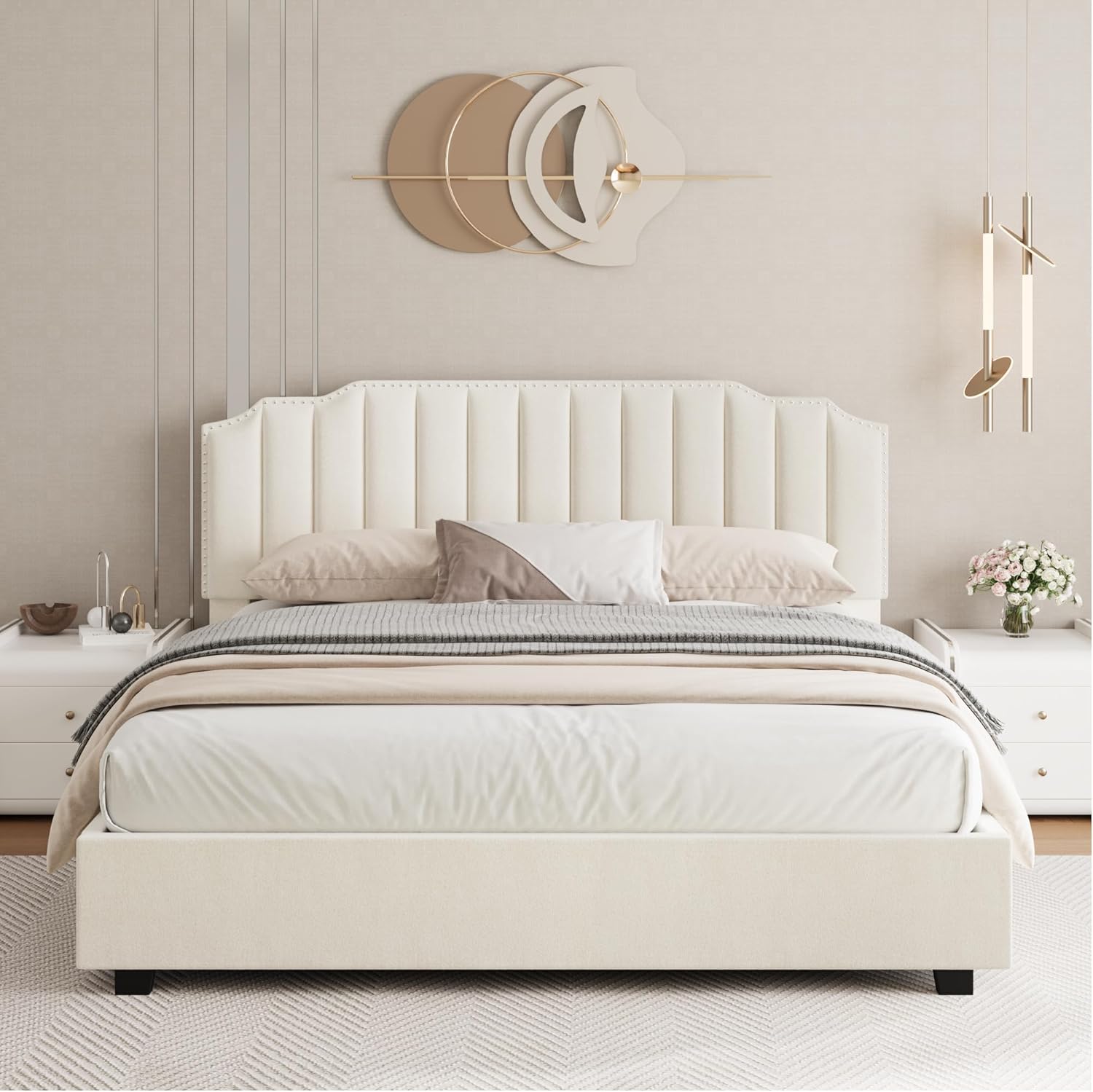 Liftable, beige velvet full-size bed, simple and elegant style, liftable velvet cushioned double bed,Gray