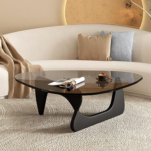 Triangle Glass Coffee Table Modern Vintage End Table Coffee Tables for Living Room Solid Wood Base and Tempered Glass Top, Low Minimalist Tea Table for Home Office,Walnut + Teal,82 * 57 * 40cm