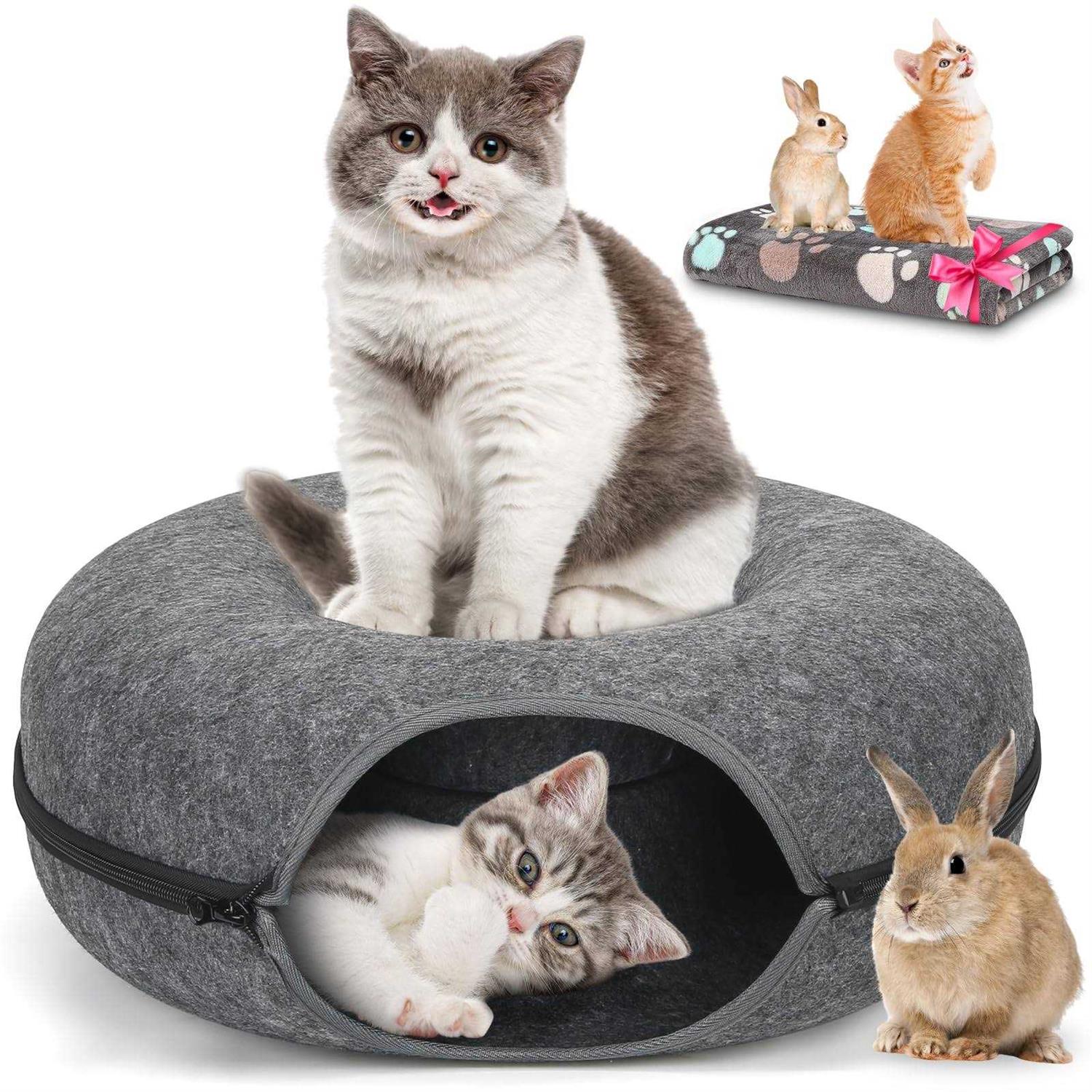 HOMAGICO Cat Tunnel Bed,Peekaboo Cat Cave with Pet Blanket,Detachable Donut Tunnels for Indoor Cats,Cat Tunnel Toy,Felt Round Cat Bed Suitable - Pet Supplies online store