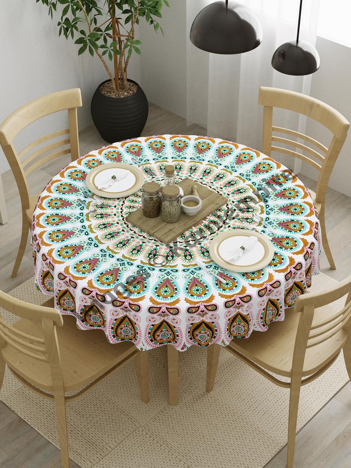 Indian Handmade Boho Mandala Brown Peacock Foral Round Table Cloth Table Cover Tabletop for Home Kitchen Dining Picnic Party 50