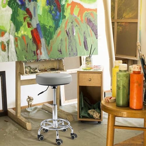 Adjustable Rolling Stool with Wheels - Ergonomic Salon & Tattoo Artist Chair, Office Stool with Comfortable PU Leather Seat, Grey