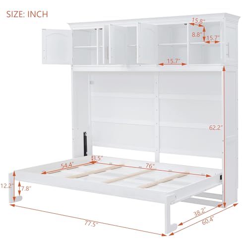 Full Size Murphy Bed with Storage Top Cabinets, Classics Cube Bed Frame with New Pneumatic Lift and Wooden Slat Support, Space Saving Design, Ider for Guest Room or Home Office, White