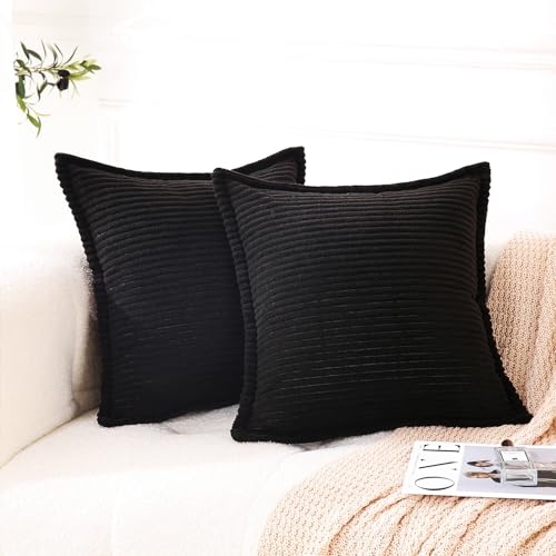 Corduroy BLACK Throw Pillow Covers Set of 2 Striped Boho Decorative with Edge Design,Super Soft Throw Pillow Cushion Covers for Couch Sofa Living room Solid Square 16×16inch/40cm×40cm