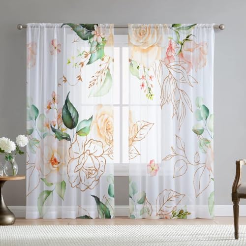 Floral Leaves Curtains for Living Room 63 inch Length 2 Panels Set Elegant Blue Pink Spring Flower Printed Window Curtain Natural Sheer Curtains Chiffon Drapes for Bedroom