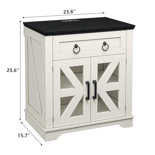 Farmhouse End Table Set of 2, Large Sofa Side Table with Charging Station, Drawer, Adjustable Storage Shelf, Glass Barn Door, Nightstand for Living Room, Bedroom