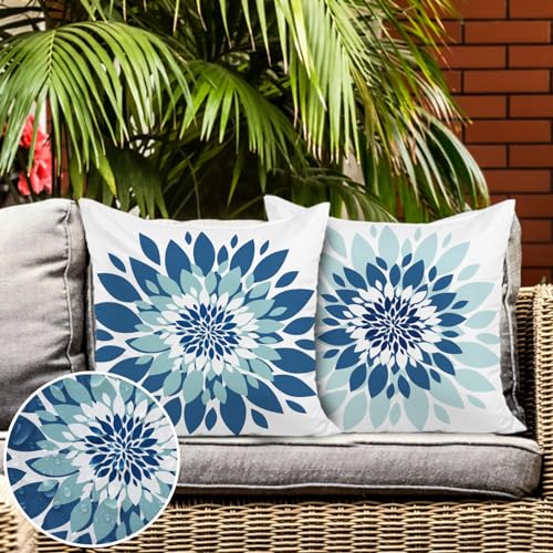 Jartinle Dahlia Flower Outdoor Pillow Covers 18x18 Inch Set of 2 Waterproof Abstract Floral Summer Decorative Throw Pillow Covers for Patio Furniture Porch Couch Home Decor (Navy Blue Grey)