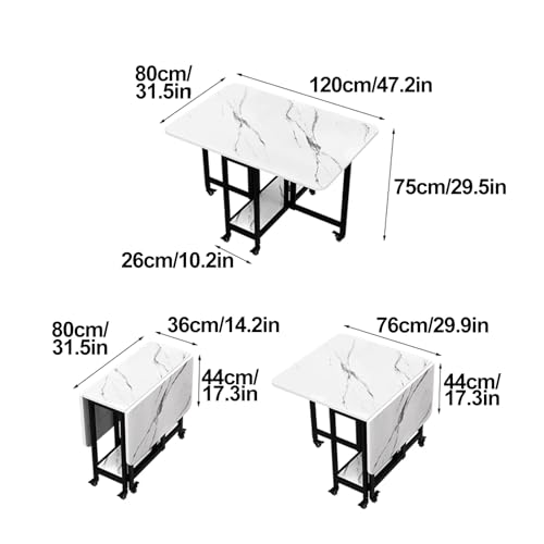 Drop Leaf Dining Table, Modern Folding Dining Table & Expandable Kitchen Table with 6 Wheels, Foldable Kitchen Table with Storage Rack, Carbon Steel Bracket, Extendable and Space-Saving for Small Spac