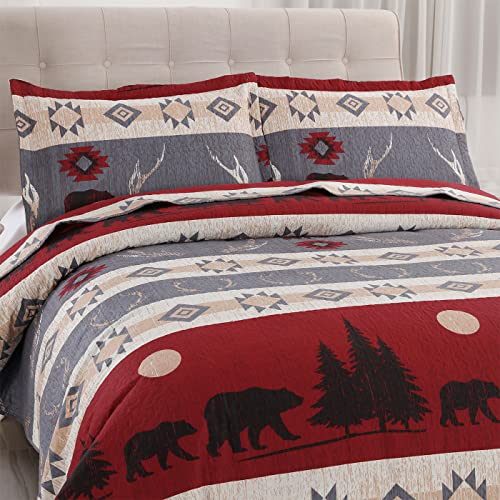 Rustic King Size Quilt Set - Lodge Bedding with Plaid Quilts, Lightweight Reversible Bedspread, and 2 Pillow Shams