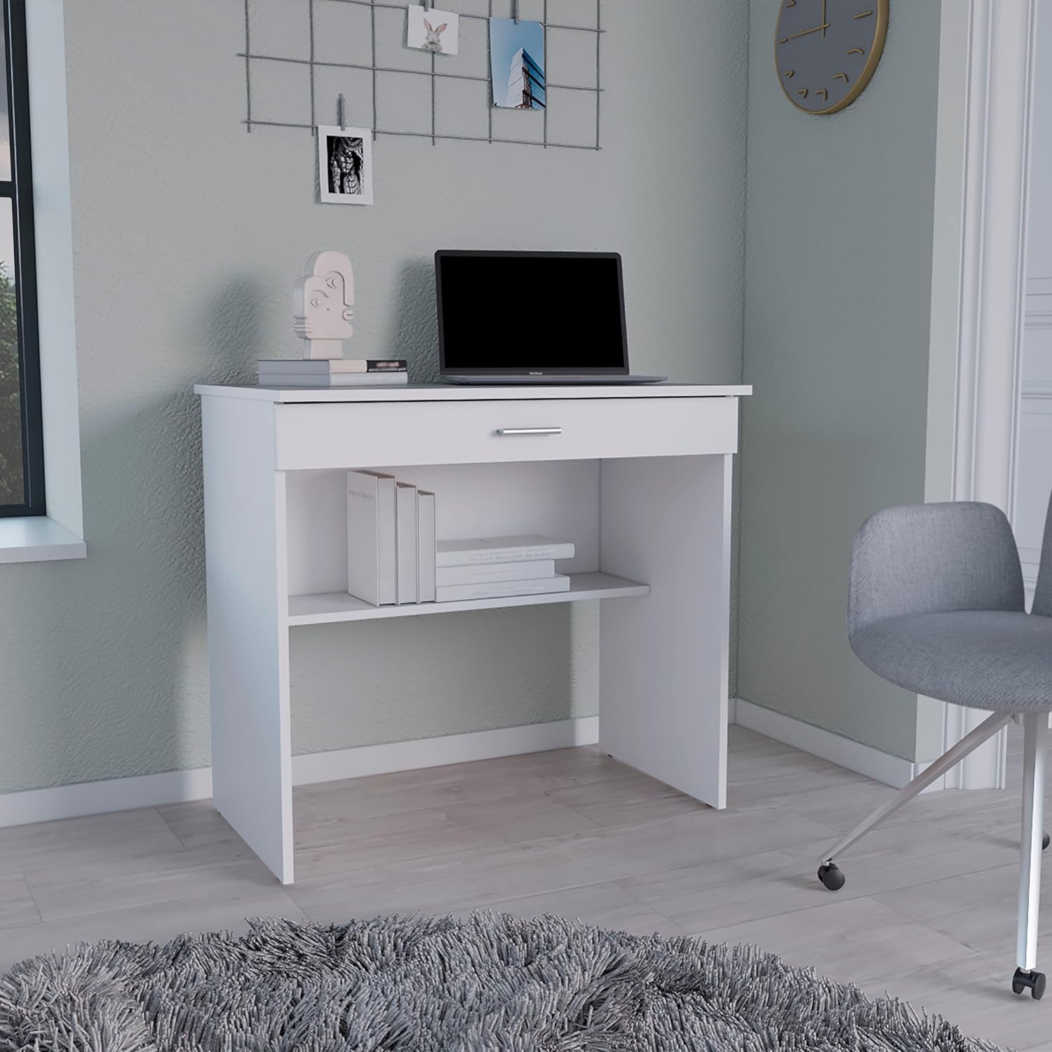 Storage Desk, Spacious Stylish with Drawer and Shelf, White