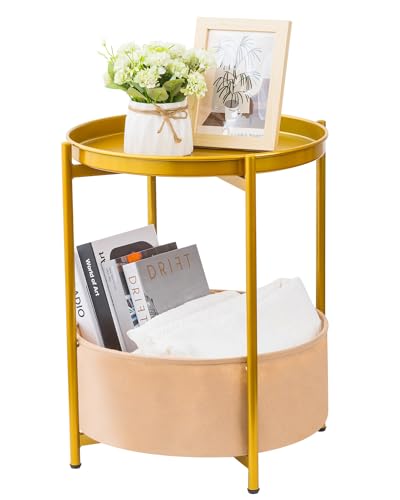 Small Side End Table, Round Bedside Table with Felt Storage Basket, Metal Nightstand with Removable Tray for Living Room, Bedroom, Bathroom, Home and Office, Blue