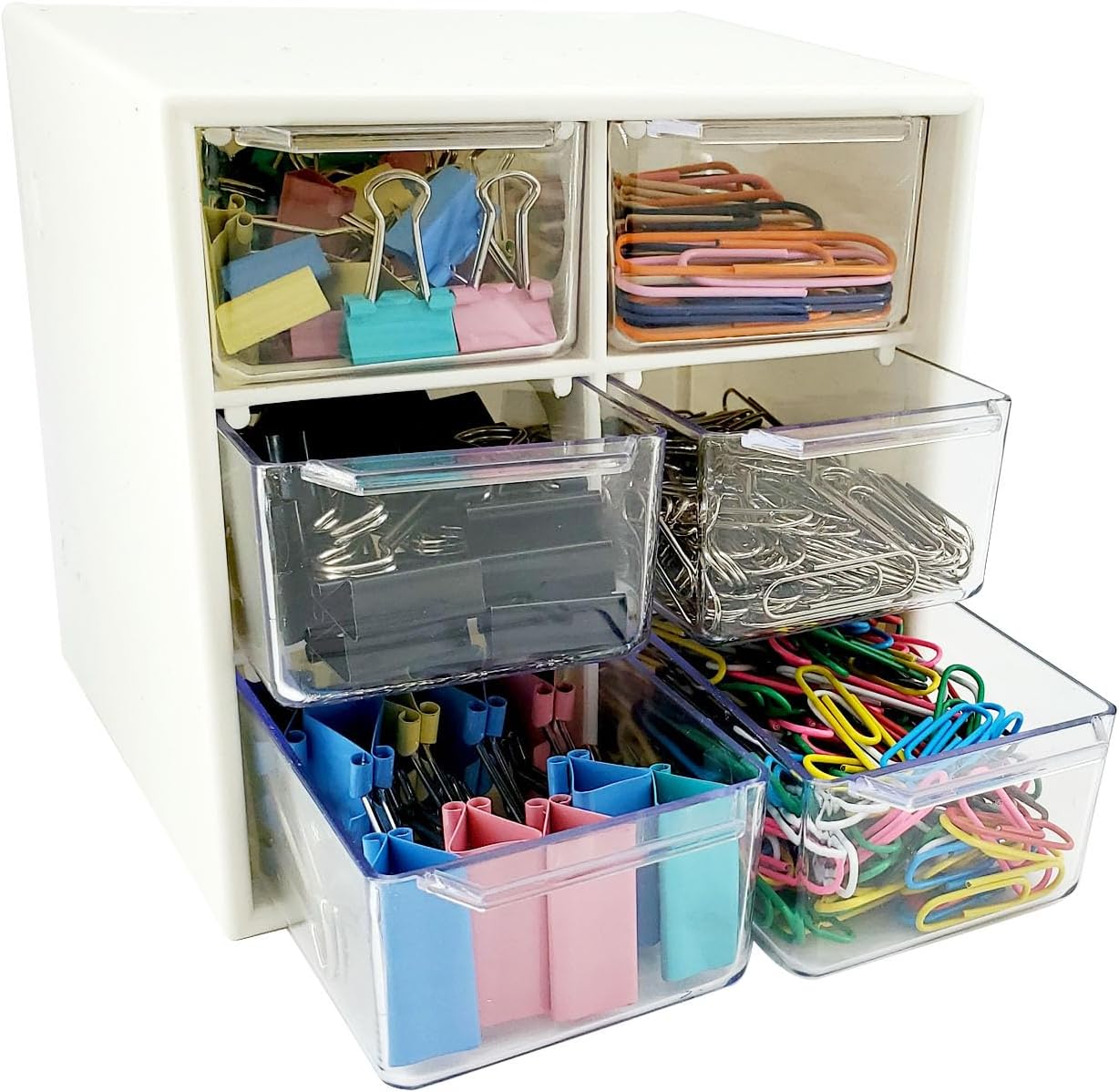 SYFASHRAN Set of 520 paper clips in various sizes and colors in a 6-compartment drawer paper clip holder. Ideal for office, home, school, small, large