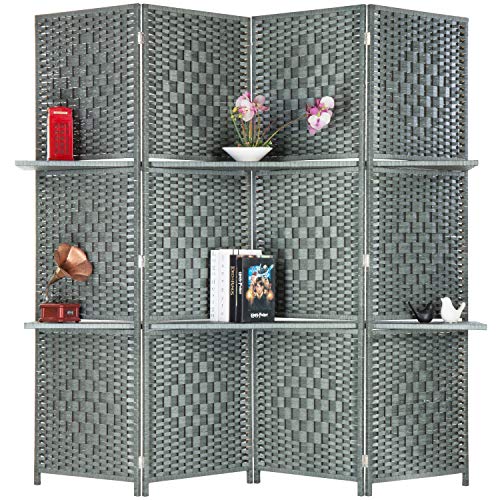 MyGift Decorative Hand Woven Bamboo 4-Panel Room Divider with 2 Tier Display Shelves & 2-Way Hinges, Gray