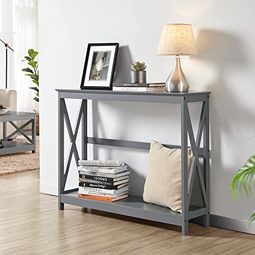 Topeakmart Console Table with Power Outlets and USB Ports, 40 Inches Narrow Sofa Table,Wood Entryway Table Behind Sofa Couch with X-Shaped Design for Hallway, Living Room, Foyer, Gray