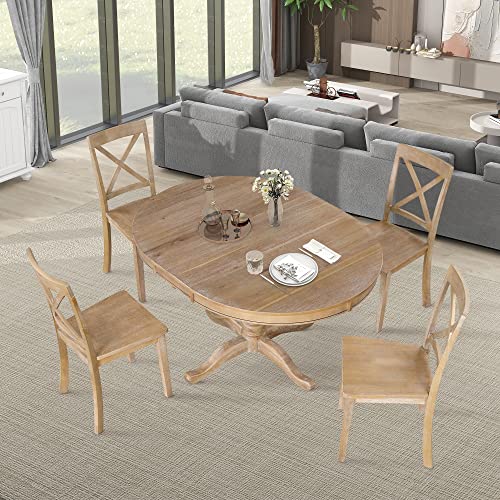 Round Dining Table Set for 4 6, Extendable Dining Table 5-Piece, Wood Dining Table Set with 4 Cross Back Chair Set, Dining Room Table Set for Kitchen,Dinette,Breakfast Nook