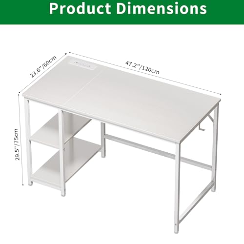 Computer Desk, 48 inches Desk with 2 Shelves, Home Office Desk with USB/Type-C Charging Ports & Power Outlets, Study Table for Adults, White